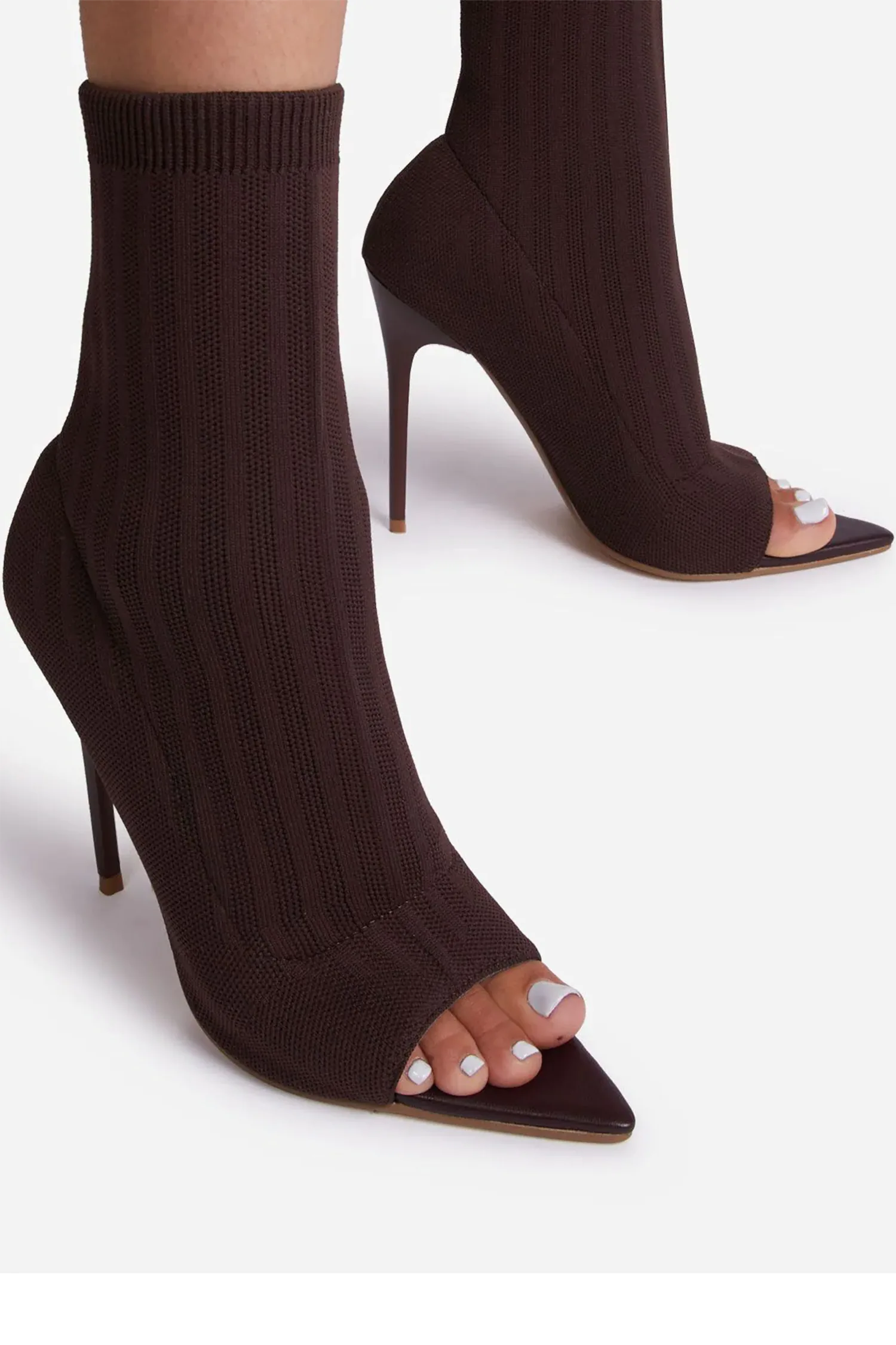 Brown Pointed Peep Toe Stiletto Heels Ankle Sock Boots