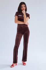 Brown Polo Short Sleeve Velvet Jumpsuit Jumpsuits & Rompers