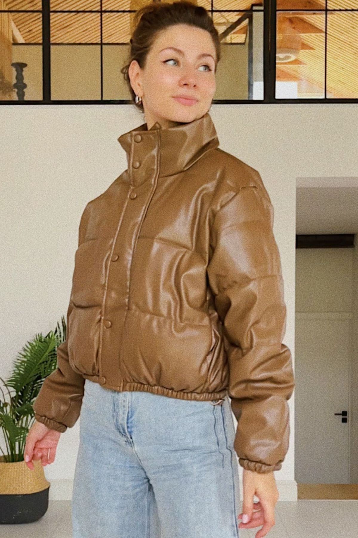Camel Puffer Windbreaker Faux Leather Crop Jacket S / Coats & Jackets