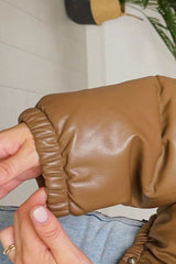 Camel Puffer Windbreaker Faux Leather Crop Jacket Coats & Jackets