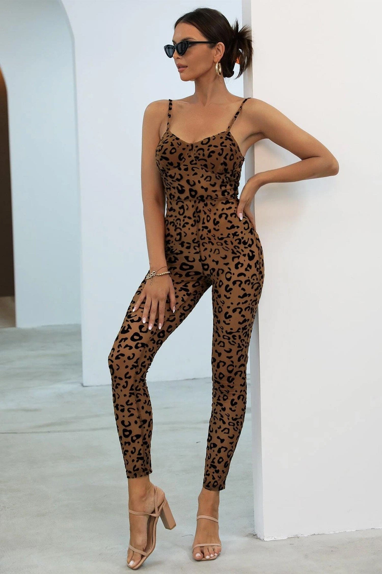 Brown See Through Mesh Leopard Print Velvet Jumpsuit Jumpsuits & Rompers
