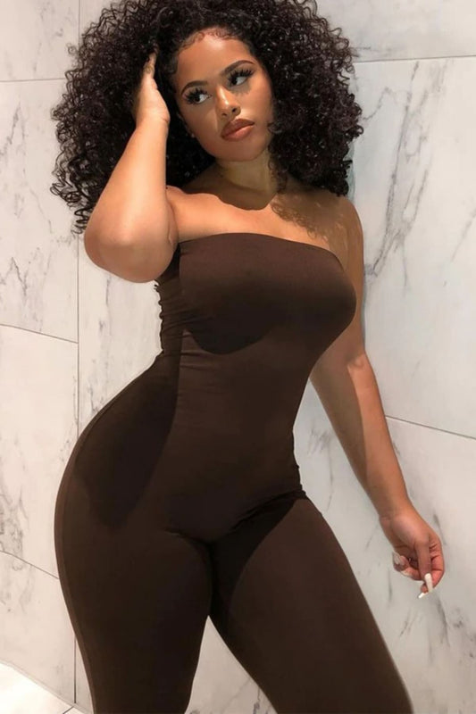 Brown Strapless Tight Jumpsuit