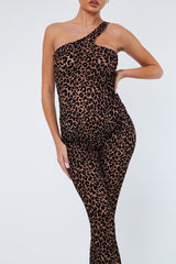 Brown Velvet One Shoulder Leopard Print Mesh Jumpsuit Jumpsuits & Rompers