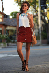 Burgundy High Waisted Button Front Suede A-Line Mini Skirt Skirts