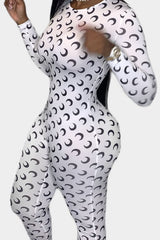 Crescent Moon Print Zipper O-Neck Womens Black And White Jumpsuit Jumpsuit