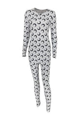 Crescent Moon Print Zipper O-Neck Womens Black And White Jumpsuit L / Jumpsuit