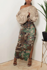 Denim Camouflage Split Long Skirt