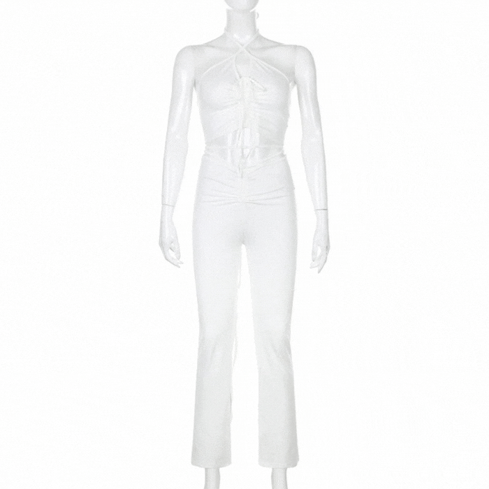 White Lace-Up Ruched Flare Pants & Halter Crop Top
