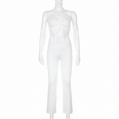 White Lace-Up Ruched Flare Pants & Halter Crop Top
