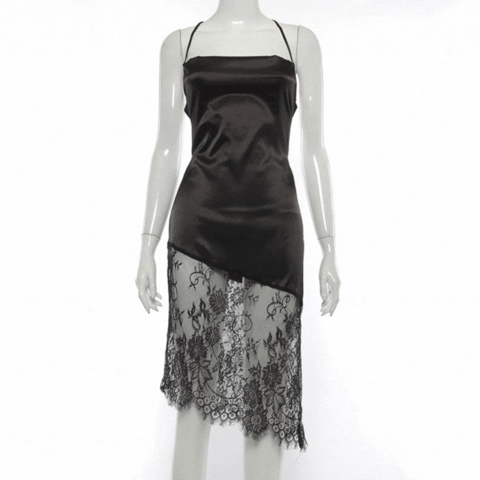 Black Satin Slip Midi Dress with Lace | IRHAZ Black / M Black Satin Slip Midi Dress with Lace | IRHAZ Black / M