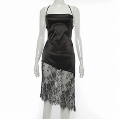 Black Satin Slip Midi Dress With Lace