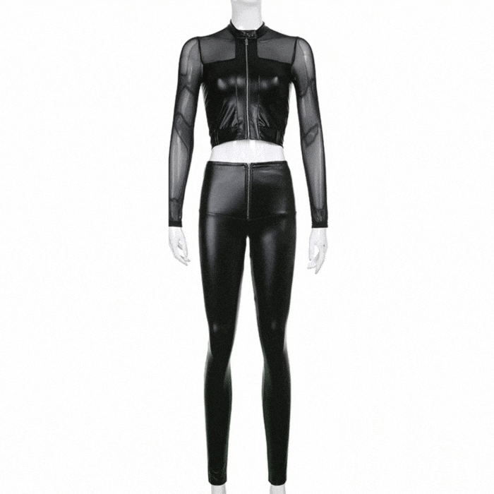 Black Leather Pant & Mesh Sleeves Leather Crop Top Set