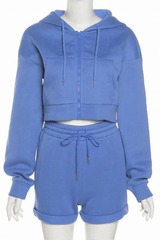 Blue Cropped Zipper Up Hoodie And Lounge Shorts Set