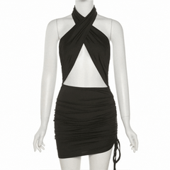 Black Halter Wrap Ruched Cutout Mini Dress