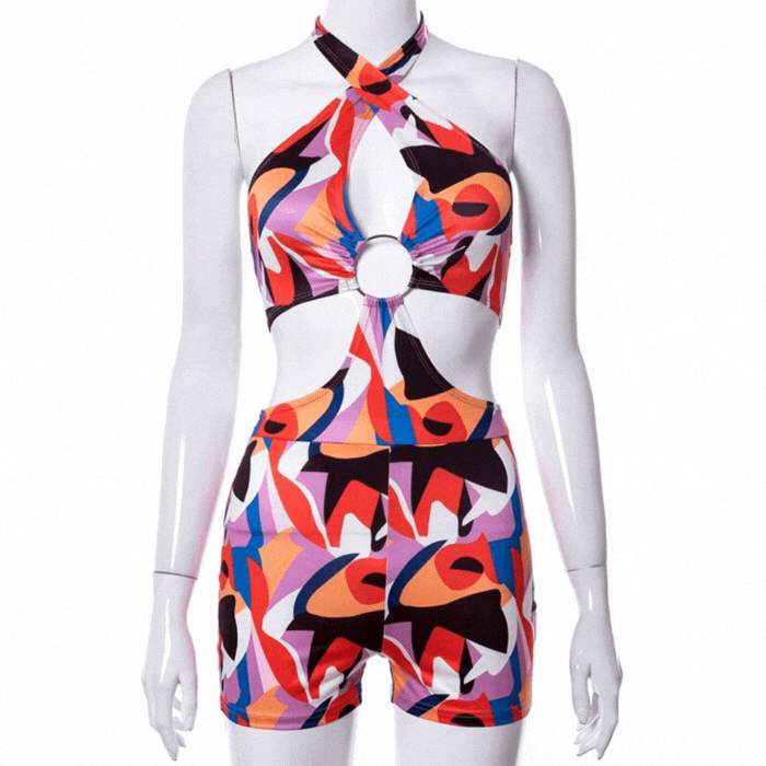 Colorful Halter Cut Out Ring Shorts Romper IRHAZ