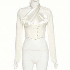 White Halter Satin Corset Crop Top