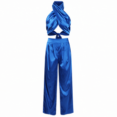 Blue Halter Wrap Top And Palazzo Satin Pants Set Outfit Sets
