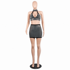 Women's Black Two Piece Diamond Mini Skirt Set