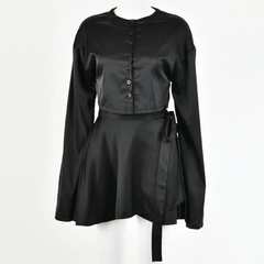 Black Satin Bell Sleeve Crop Top & Wrap Mini Skirt Set