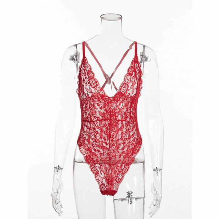 Red See Through Sheer Lace Plunge Lingerie Bodysuit