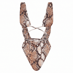 Brown Snakeskin High Cut Wrap One Piece Swimsuit