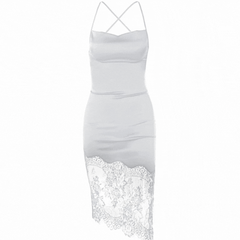 White Satin Slip Midi Dress With Lace