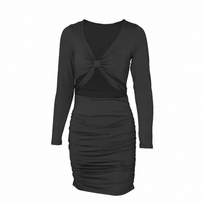 Black Long Sleeve Ruched Front Tie Mini Cut Out Dress | IRHAZ Black / XS Black Long Sleeve Ruched Front Tie Mini Cut Out Dress | IRHAZ Black / XS