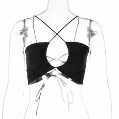 Black Halter Cross Over Neck Cut Out Ruched Crop Top