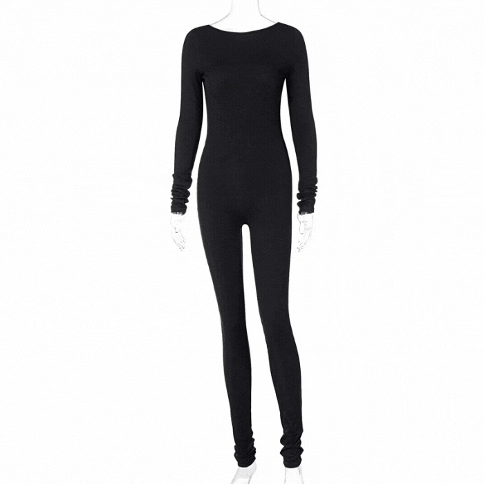 Black Long Sleeve Backless Stacked Jumpsuit