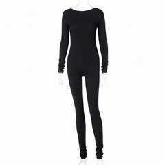 Black Long Sleeve Backless Stacked Jumpsuit
