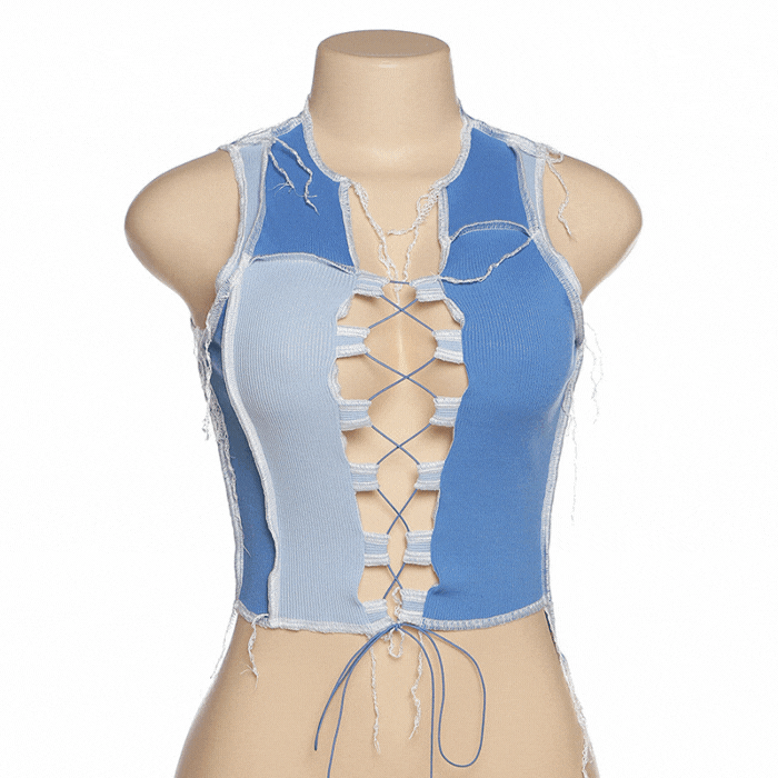 color block stitch blue crop top