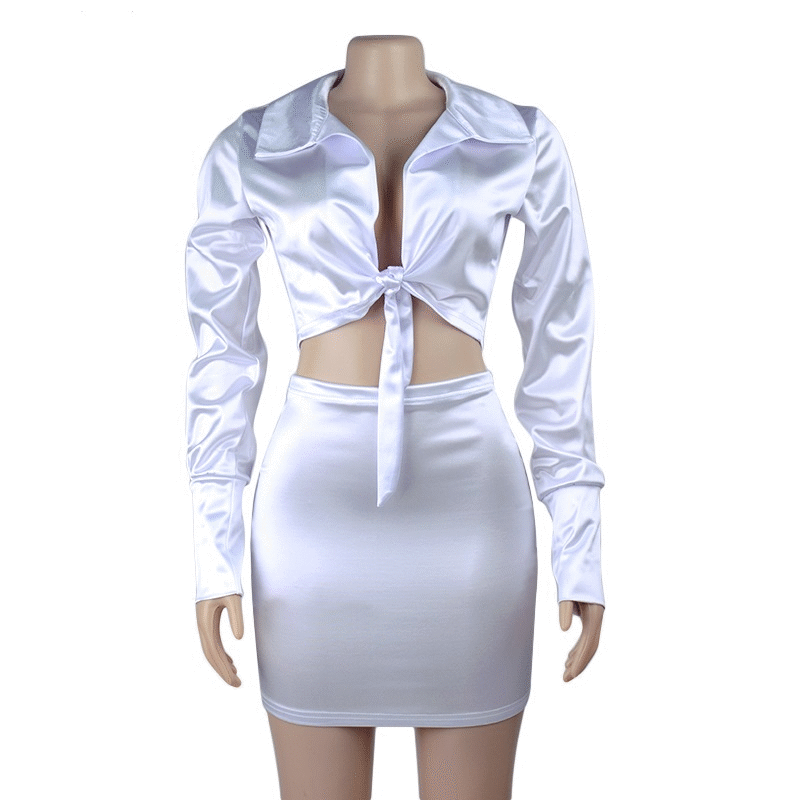 Sexy Women's White Two-Piece Silk Skirt Dress. Tied Turn-Down Collar Silk Top And Sexy Mini Silk skirt set
