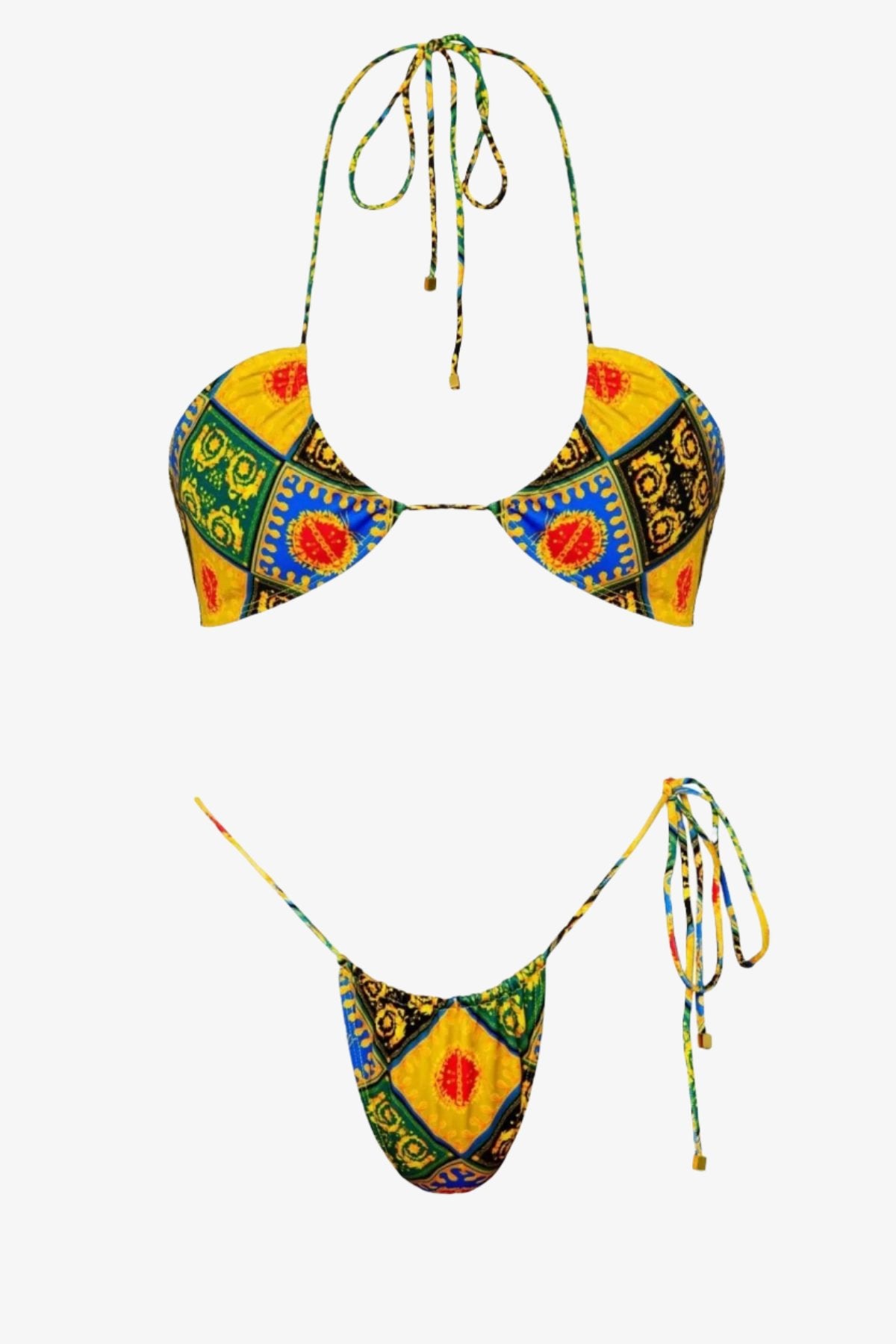 Gold Tie Side Bottom And Halter Bikini Top Set