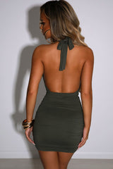Green Cut Out Wrap Halter Ruched Mini Dress Dress