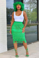 Green High Waisted Midi Fringe Skirt