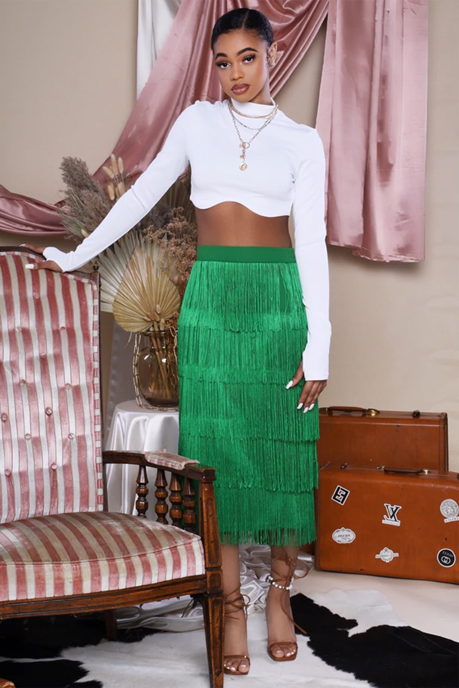 Green High Waisted Midi Fringe Skirt / S