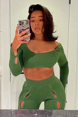 Green Knit Long Sleeve Crop Top & Front Split Pants Two Piece Set Outfit Sets