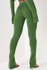 Green Knit Long Sleeve Crop Top & Front Split Pants Two Piece Set Outfit Sets