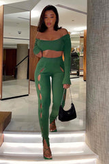 Green Knit Long Sleeve Crop Top & Front Split Pants Two Piece Set Outfit Sets