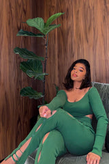 Green Knit Long Sleeve Crop Top & Front Split Pants Two Piece Set Outfit Sets