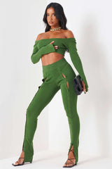 Green Knit Long Sleeve Crop Top & Front Split Pants Two Piece Set Outfit Sets