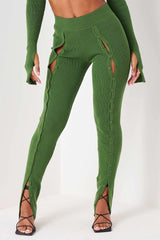 Green Knit Long Sleeve Crop Top & Front Split Pants Two Piece Set Outfit Sets
