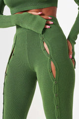 Green Knit Long Sleeve Crop Top & Front Split Pants Two Piece Set Outfit Sets