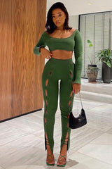 Green Knit Long Sleeve Crop Top & Front Split Pants Two Piece Set Green / S Outfit Sets