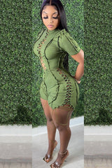 Green Lace Up Short Sleeve Contrast Stitch Bodycon Romper Jumpsuits & Rompers