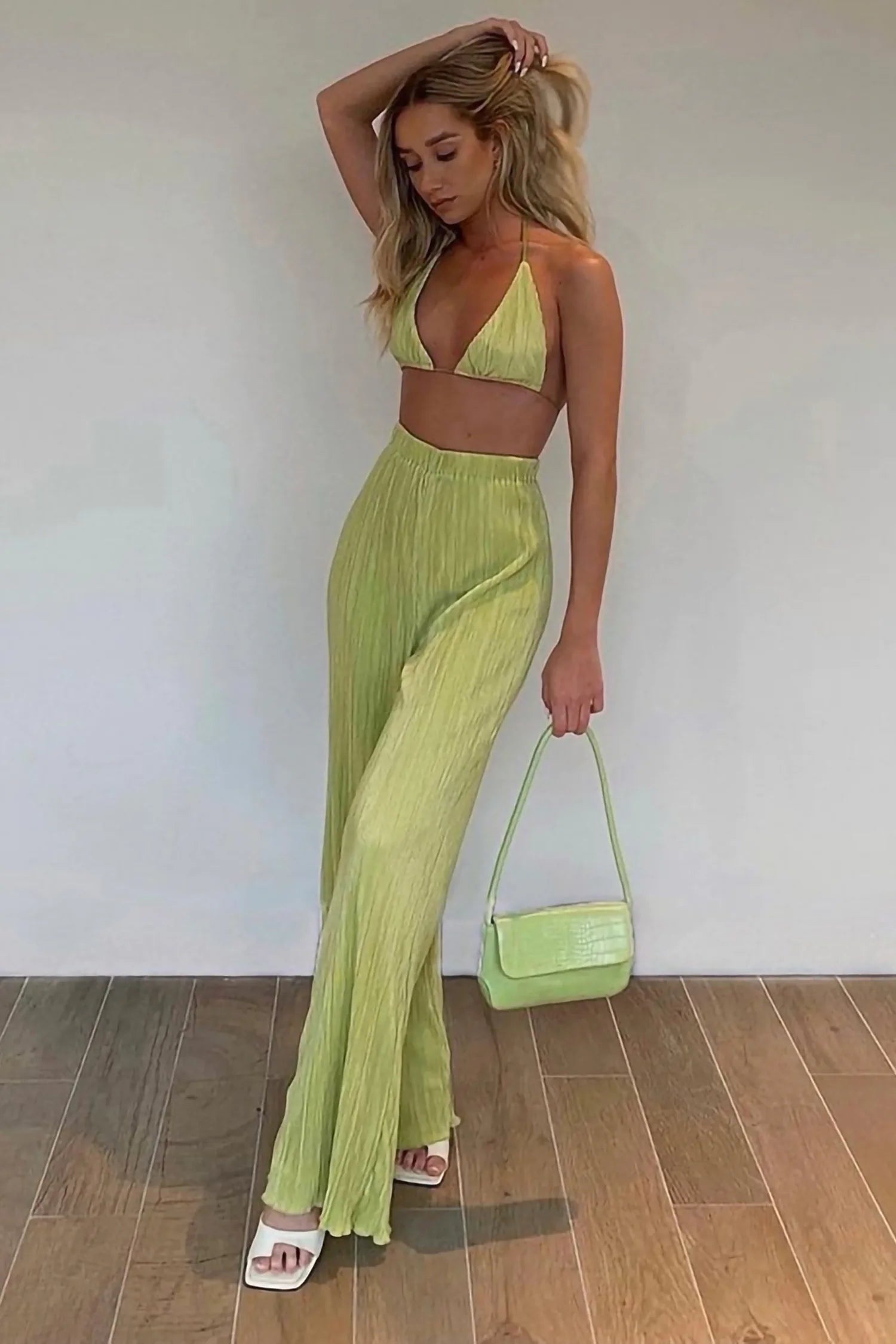 Green Pleated Crop Top And Palazzo Pants Satin Two Piece Set
