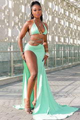 Green Ring Halter Top And Maxi Skirt With Slit Two Piece Set Green / S Outfit Sets