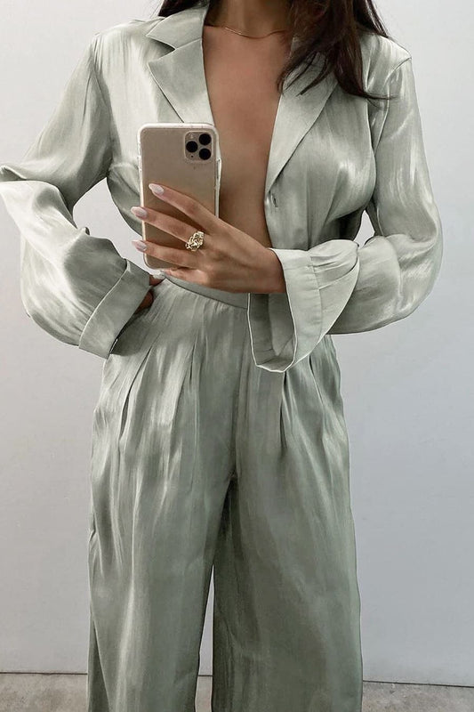 Green Satin Long Sleeve Loose Shirt & High Waisted Pant Set Set