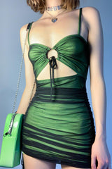 Green Sheer Overlay Cut Out Ruched Short Dress Dresses