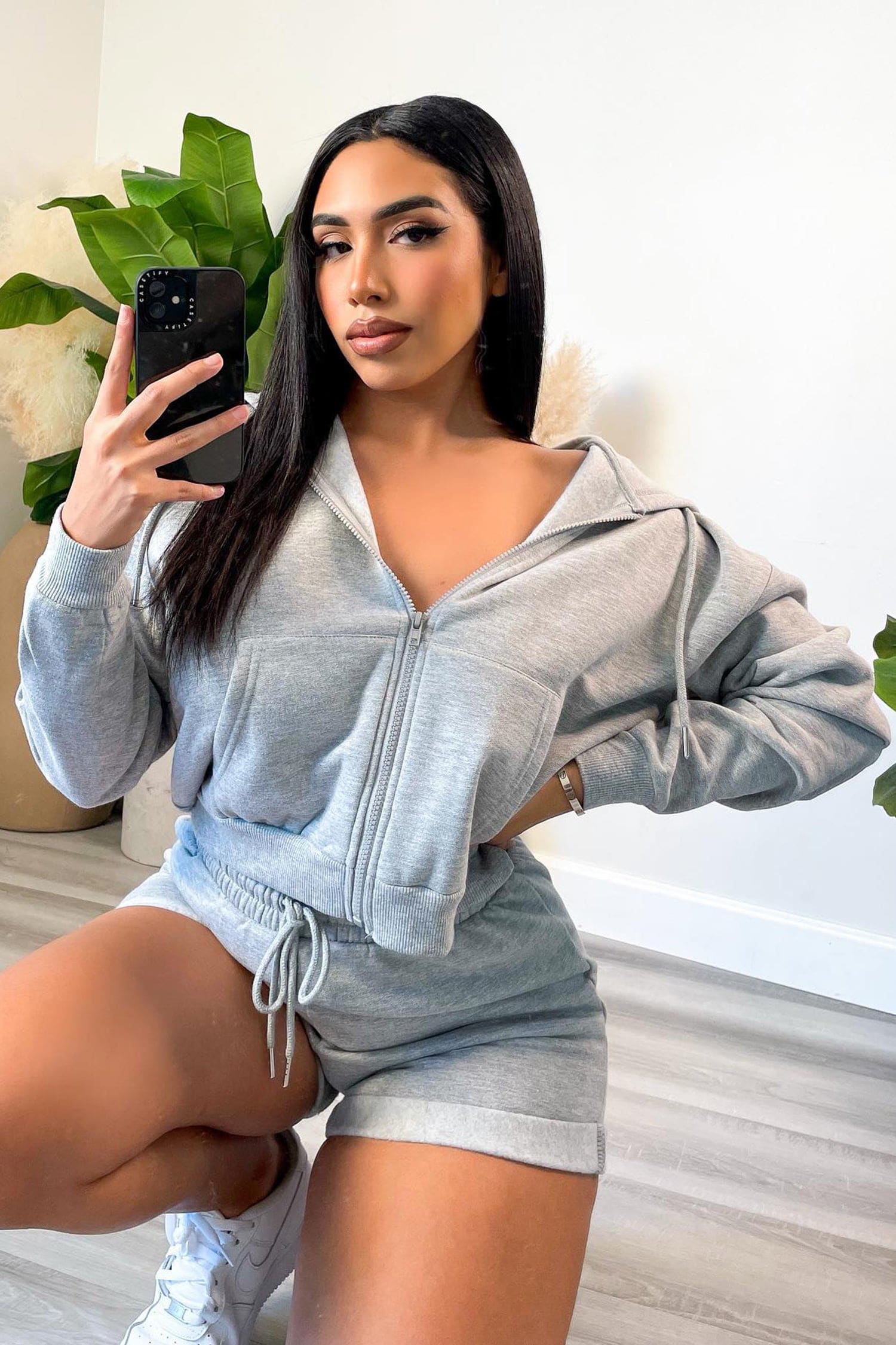 Grey Cropped Zipper Up Hoodie And Lounge Shorts Set / S Outfit Sets